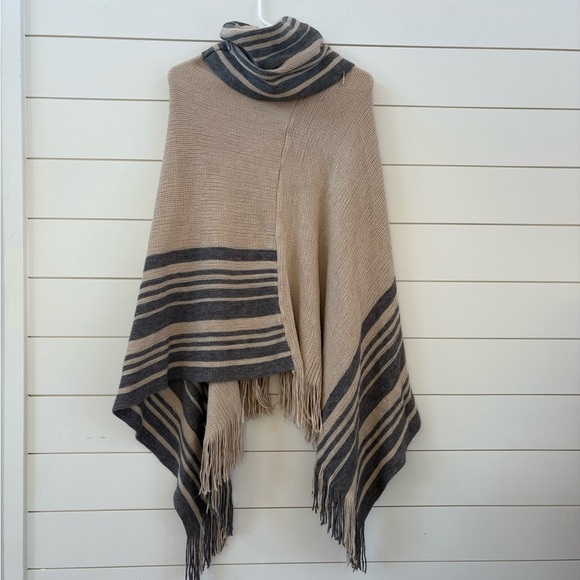 Calvin Klein Beige and Charcoal Striped Poncho - Picture 1 of 4